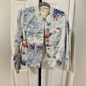 Chico's Baby Blue Tropical Flamingo  Jean Jacket